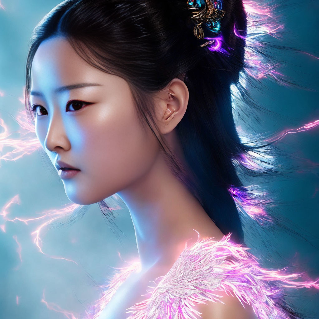 Close-up of woman with ethereal glow, neon blue lighting, and delicate feather details