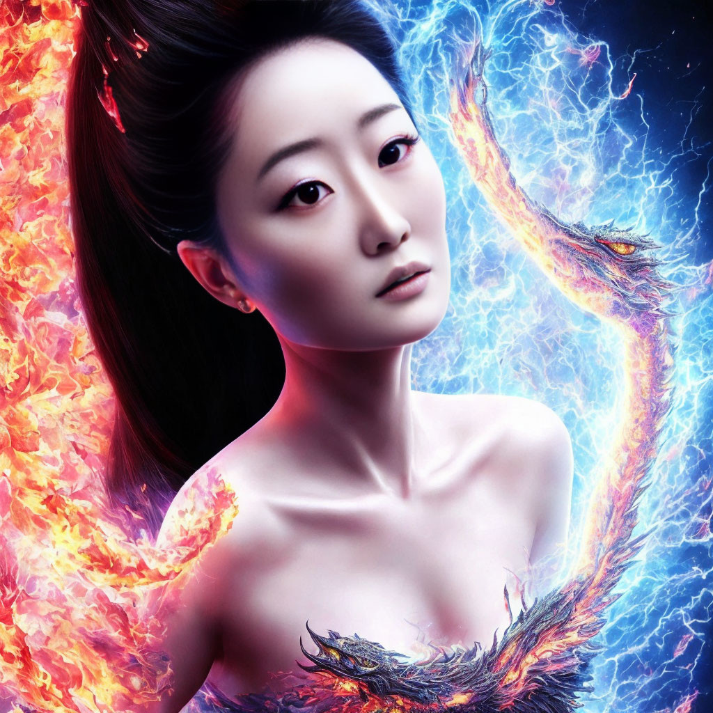 Digital artwork: Asian woman in fiery reds and oranges against cool electric blues, symbolizing yin