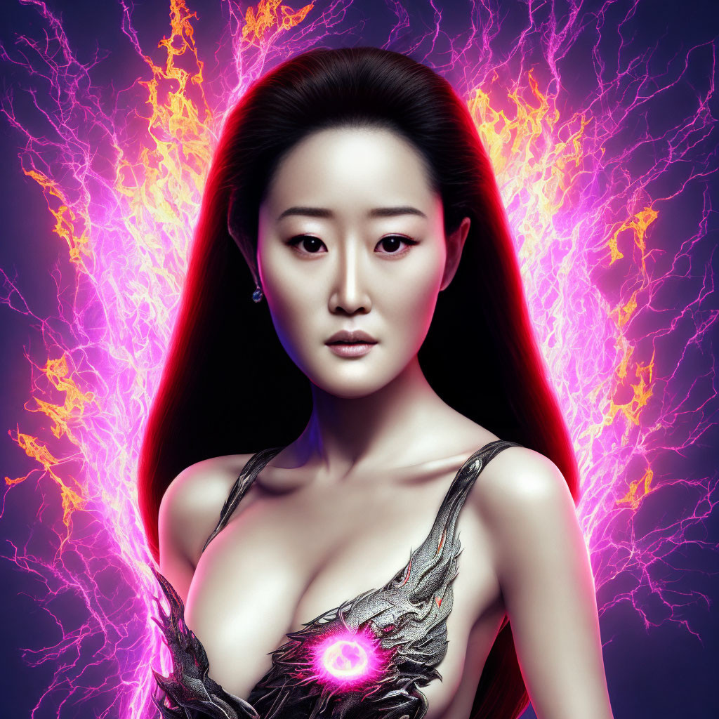 Woman with striking makeup in metallic garment with glowing pink emblem against vivid pink lightning bolts