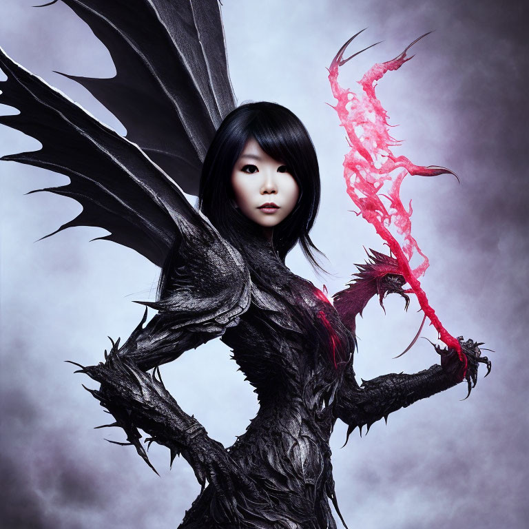 Fantasy female character with dark wings, armor, and magical weapon on smoky grey background