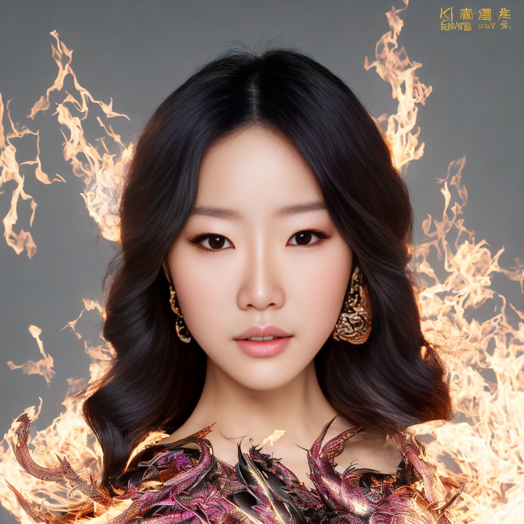 Dark-haired woman with statement earrings in front of artistic flames