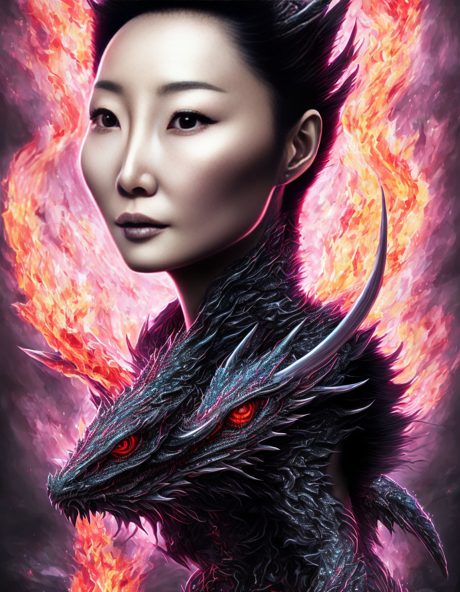 Ethereal woman and fierce dragon against fiery backdrop