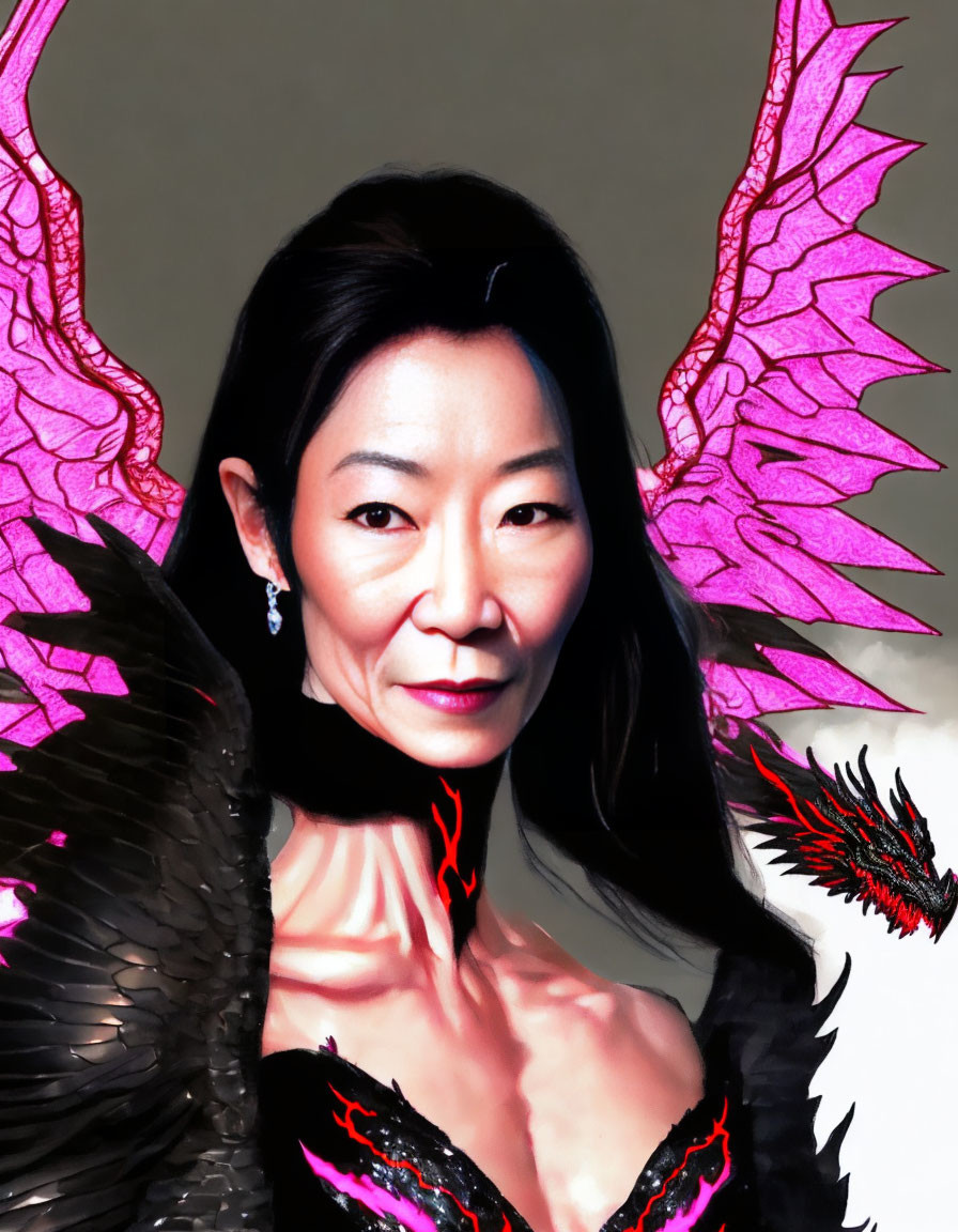 Woman in Black Outfit with Pink Accents and Pink Wings, Accompanied by Dragon on Shoulder