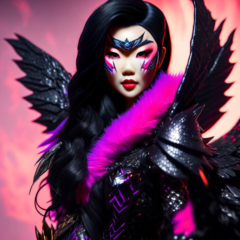 Doll with dramatic makeup and black feathered wings on pink background