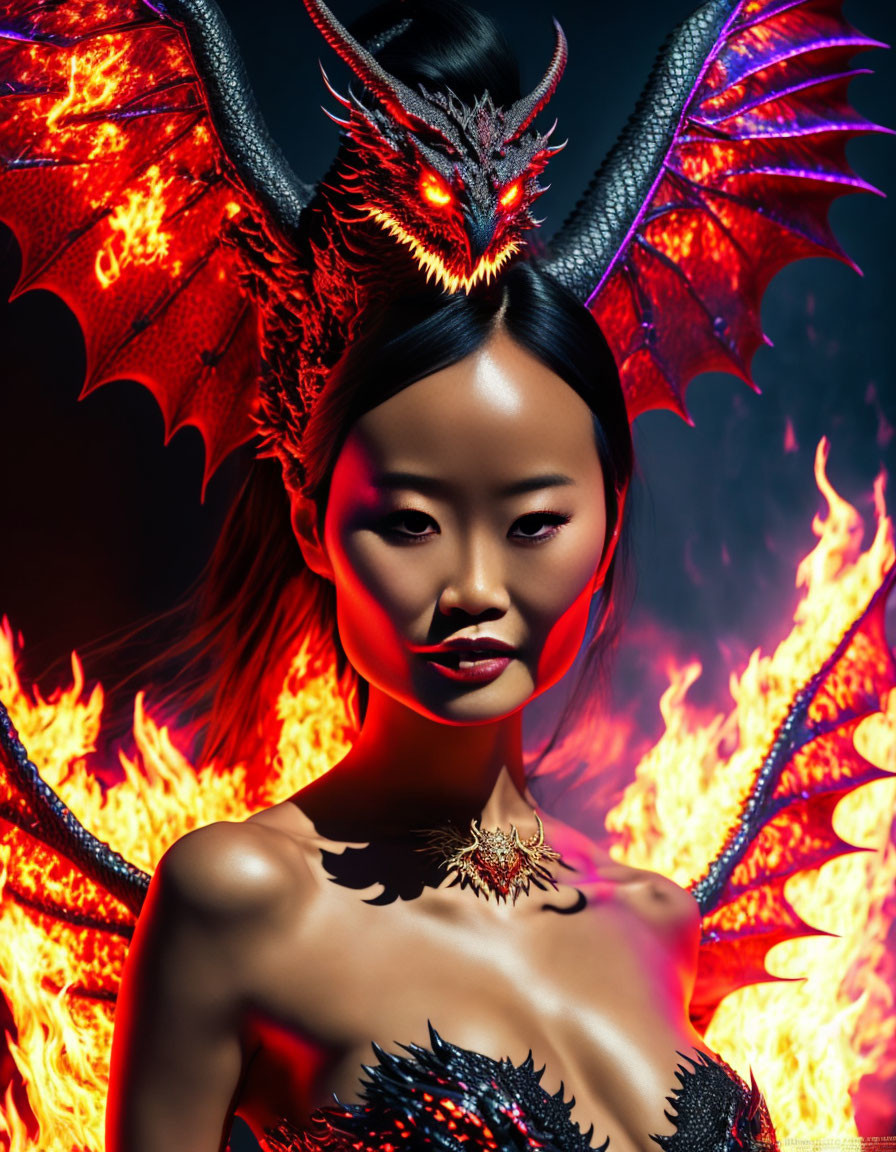 Dark-haired woman with dragon-inspired fiery elements and red makeup in flames