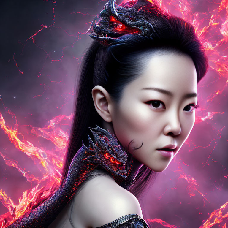 Dragon-themed woman with red electric effects: a powerful fantasy character