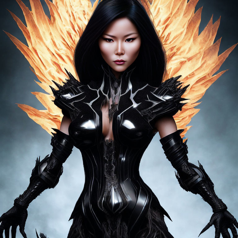 Fiery-winged woman in black armor against smoky background