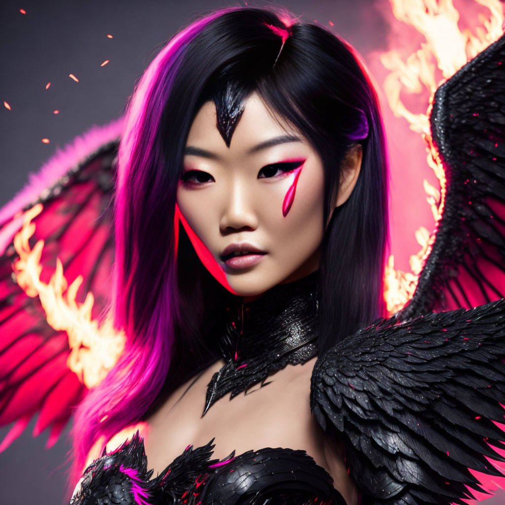 Purple-haired woman with dramatic makeup as dark angel with fiery wings