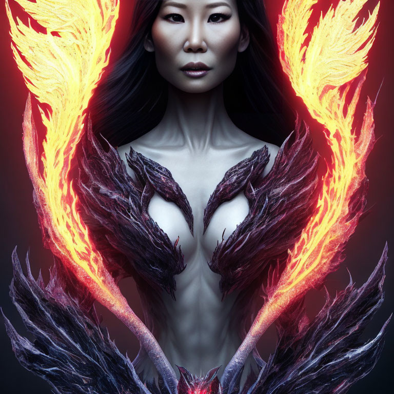 Intense gaze woman surrounded by fiery phoenix wings in dark attire