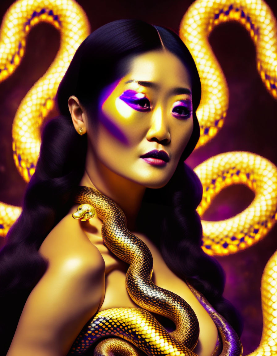 Woman with Snake on Gold Background: Purple Eyeshadow & Contemplative Expression