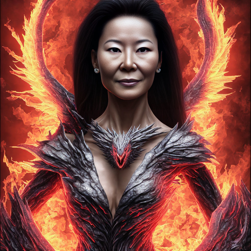 Confident woman in dark feather garment with fiery wings and red backdrop