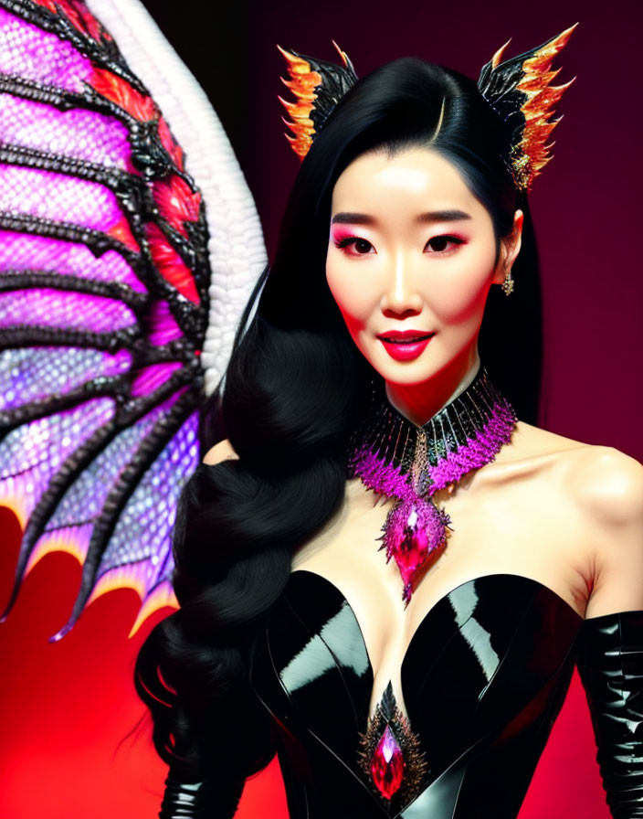 Dark-haired woman in fantasy costume with horns and wings on red backdrop