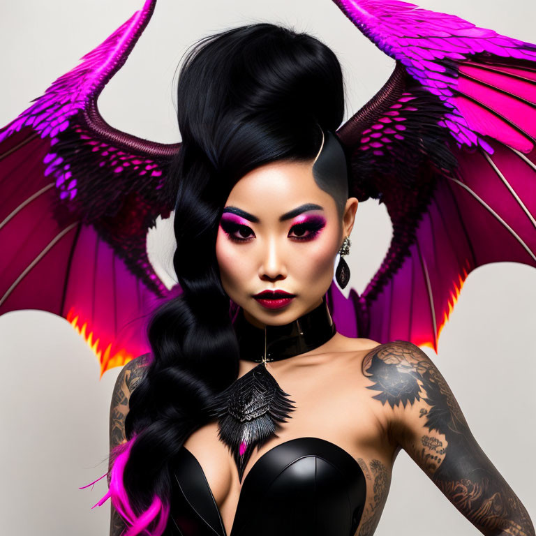 Woman with dramatic winged makeup and vibrant pink and black fantasy wings