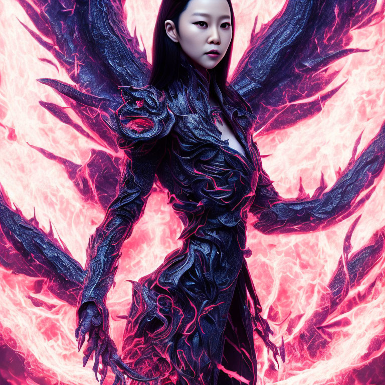 Fantasy woman in dark armor with fiery wings on pink and red background