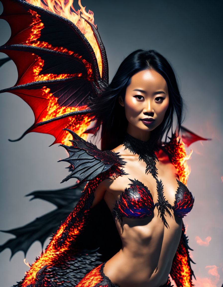 Fantasy woman with dragon wings in fiery costume on dark background