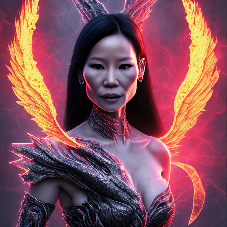 Fantasy character with glowing wings and armor on red background