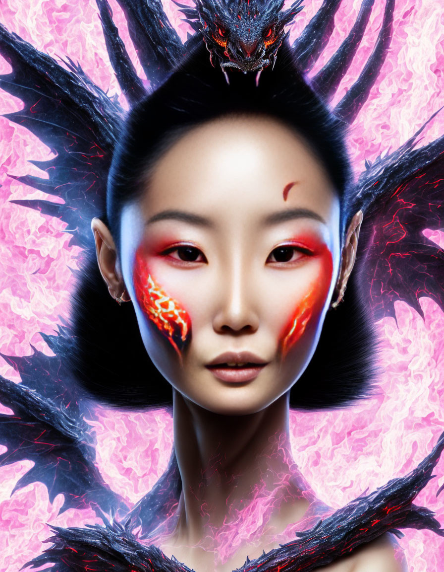 Woman with red eyeshadow and dragon design in fiery background.