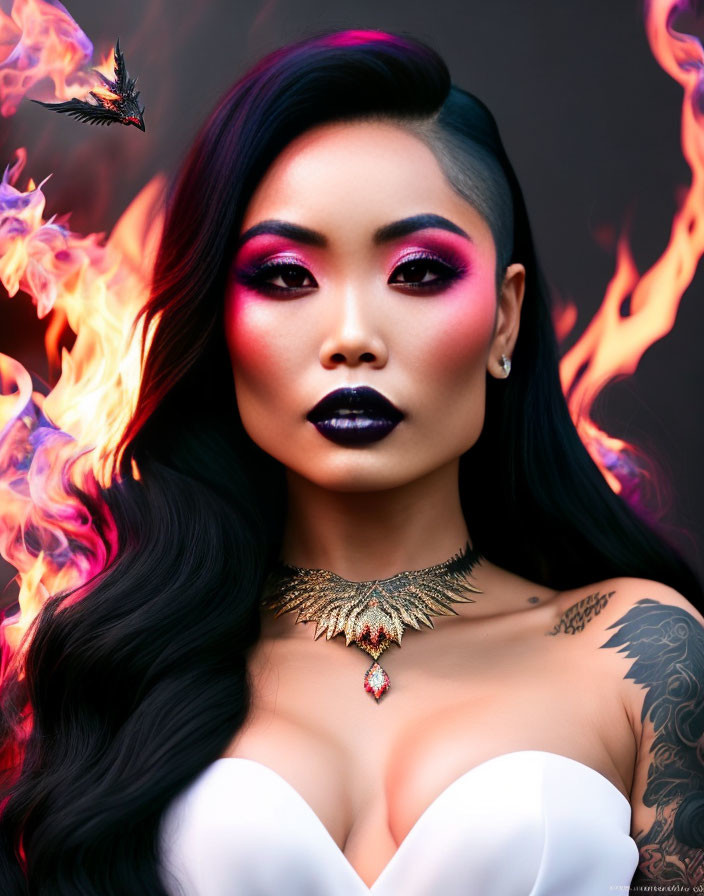 Woman with dramatic makeup and tattoo posing against fiery background with burning bird.