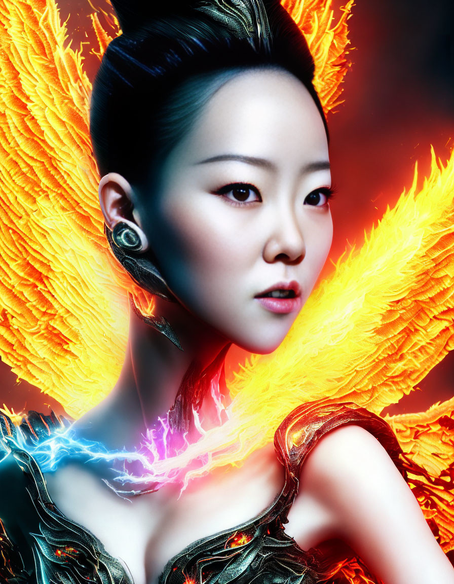 Stylized portrait of a woman with fiery phoenix wings and lightning effects.