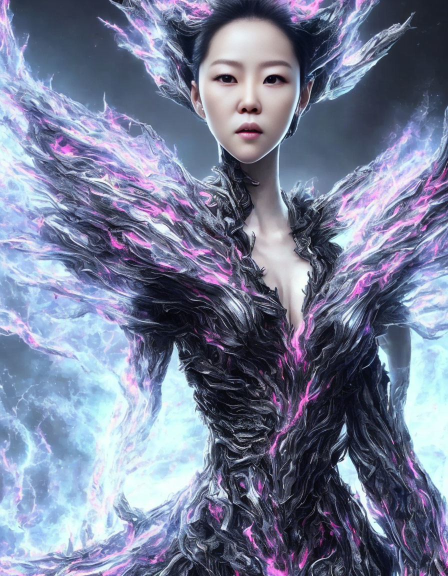 Digital Artwork: Person with Glowing Energy Wings & Dark Pink Attire