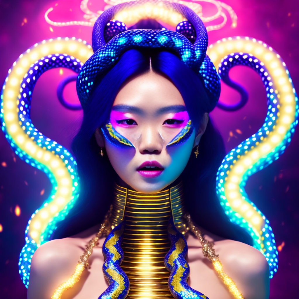 Woman with purple eyeshadow and yellow neckpiece, neon snake-like figures on pink background