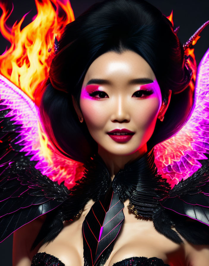 Dark-haired woman in dramatic makeup and feathered wings with digital flames and black outfit.