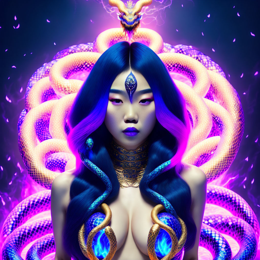 Digital artwork: Woman with blue hair and snake features, surrounded by serpents.