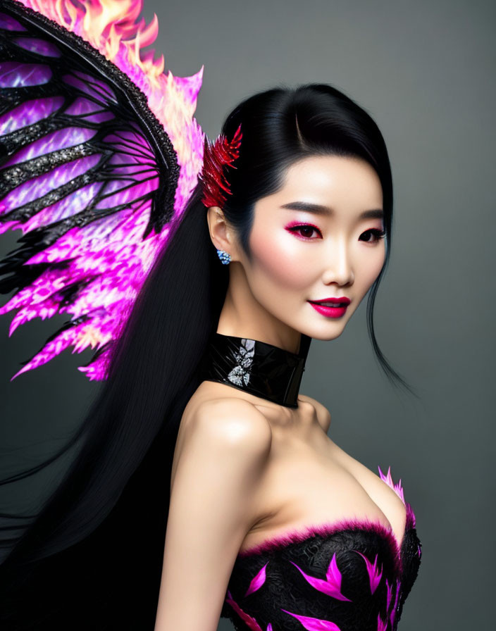 Woman with Dramatic Makeup and Pink/Black Wing Accessory