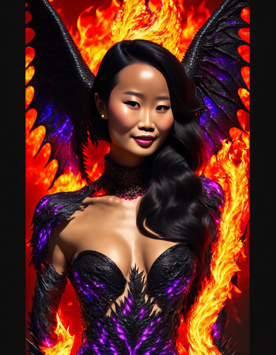 Female figure in dark outfit with fiery accents and wings