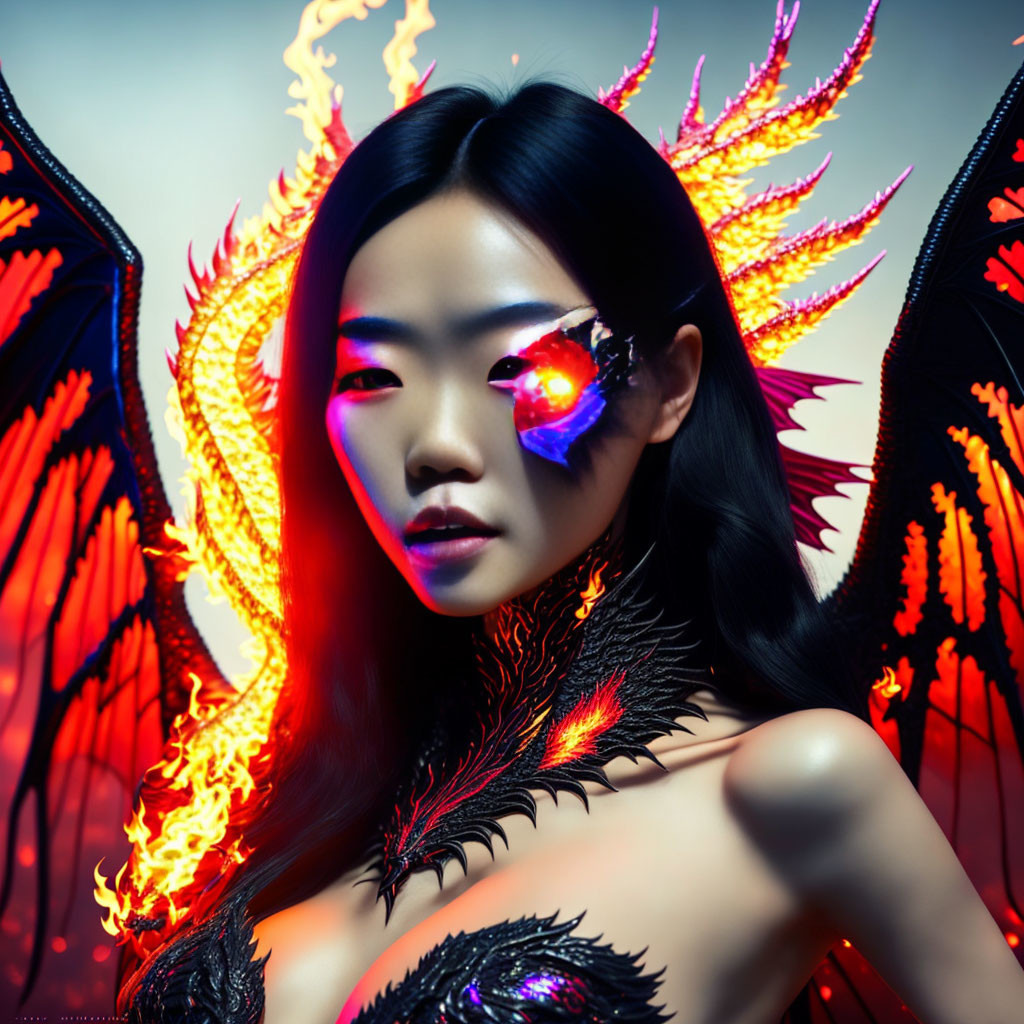 Fiery-winged woman with colorful eye in mystical setting