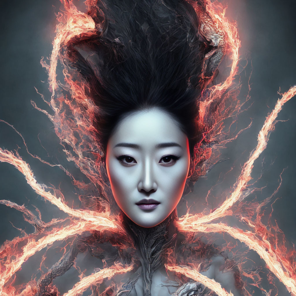 Surreal portrait of woman with fiery branching patterns on dark background