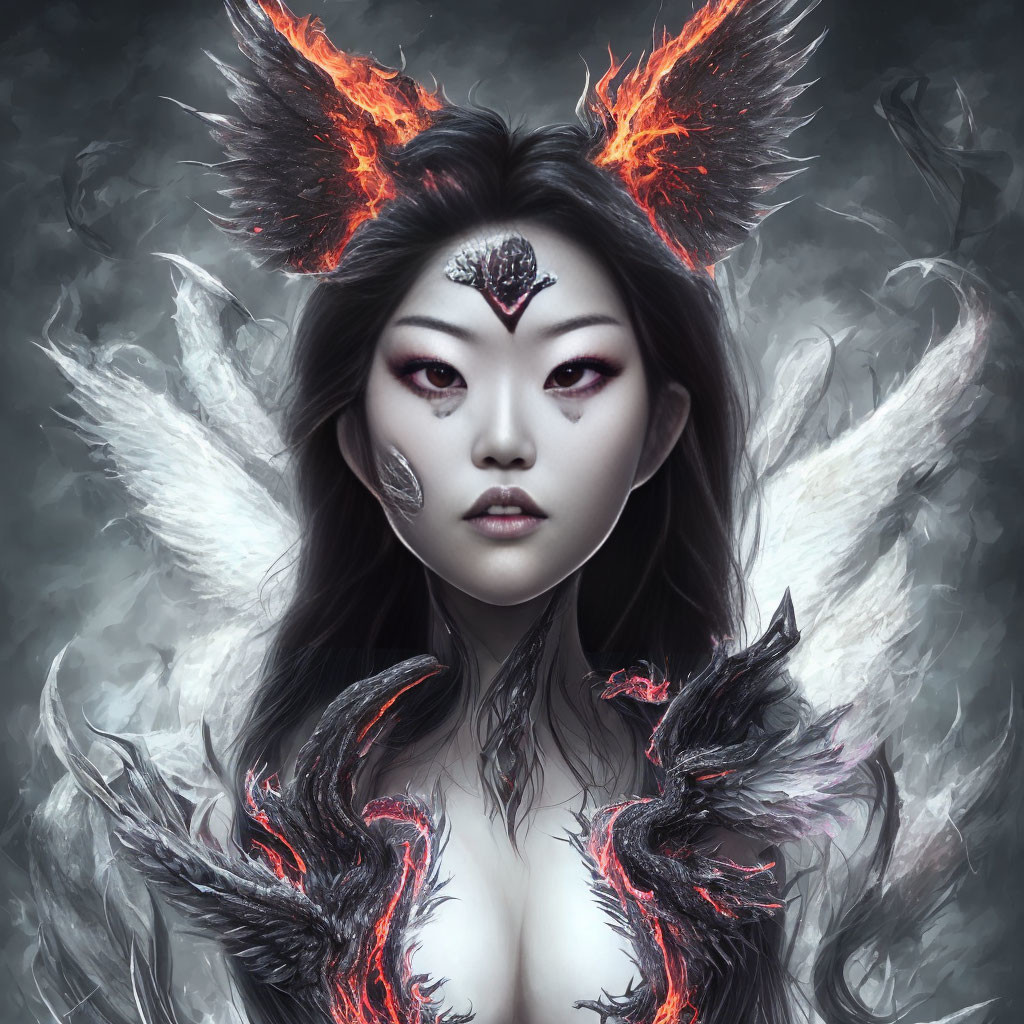 Fantastical female figure with flaming horns and white feathered wings.