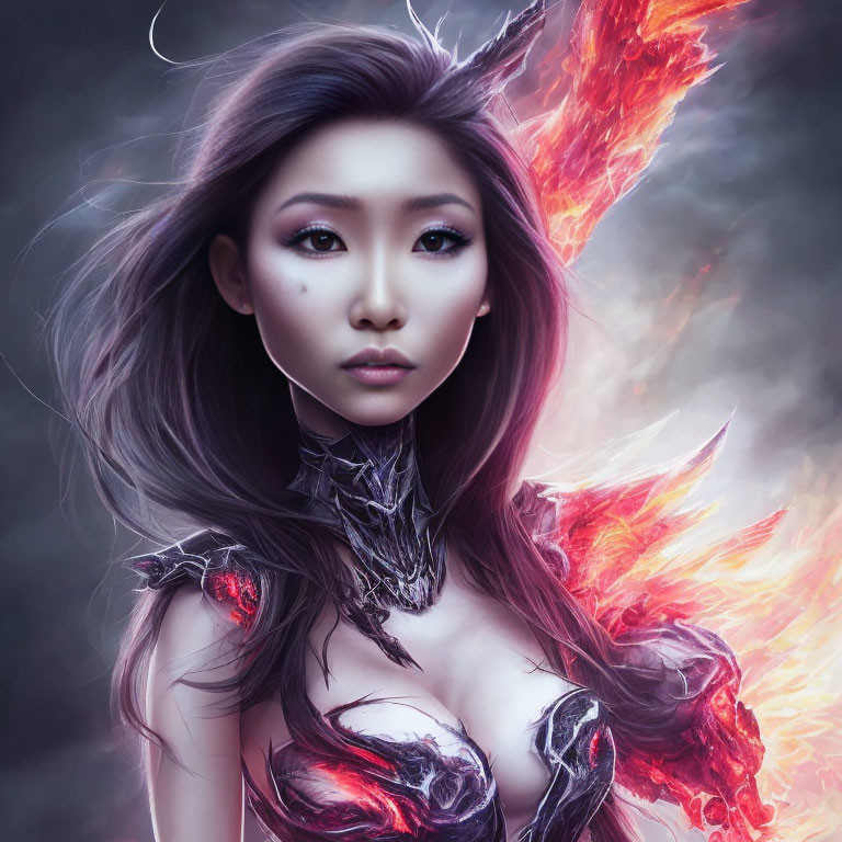 Fantasy-themed woman in fiery armor with flowing hair and makeup