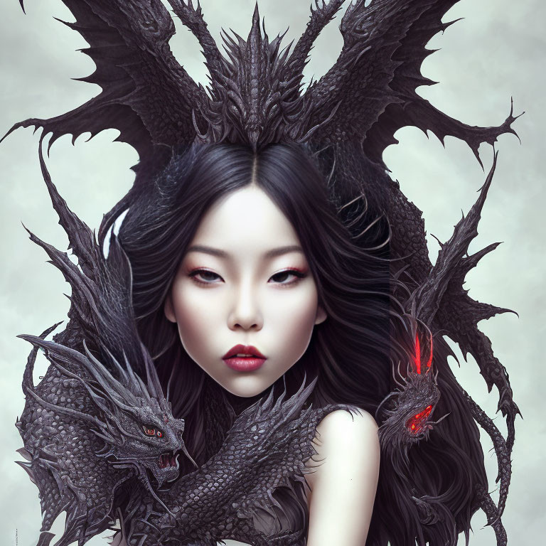 Ornate dragon-themed headdress and mystical aura on woman portrait