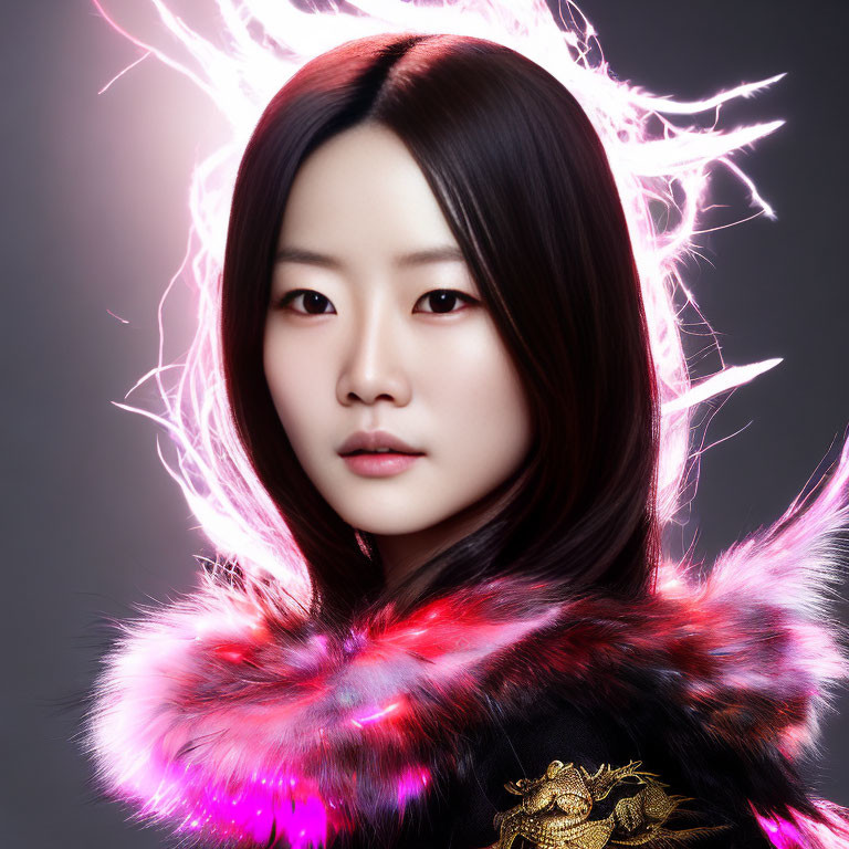 Vibrant digital portrait of a woman with glowing pink effects and fur garment