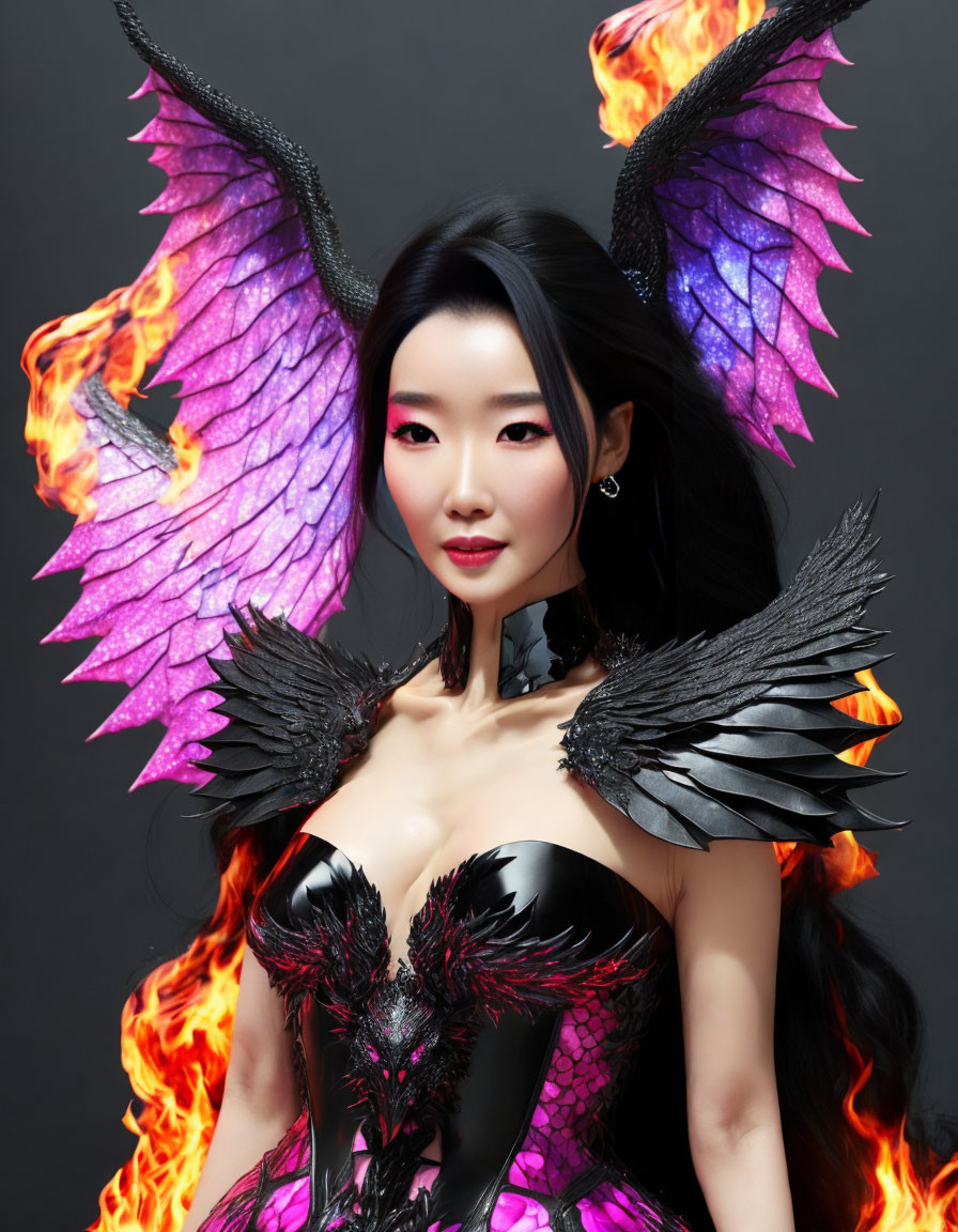 Fantasy woman with dark fiery wings and horns in black feathered outfit