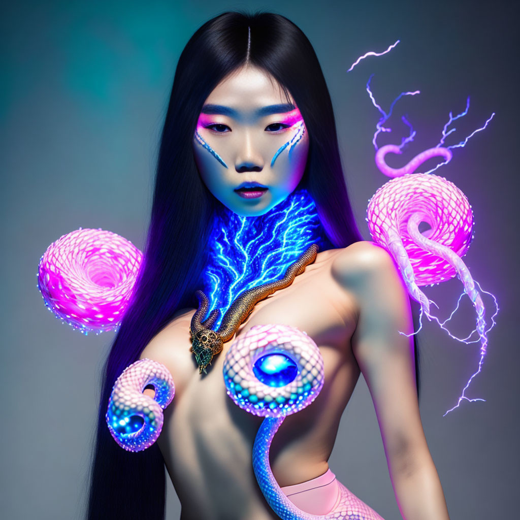 Vivid blue and pink makeup with digital enhancements: orbs, tentacles, lightning