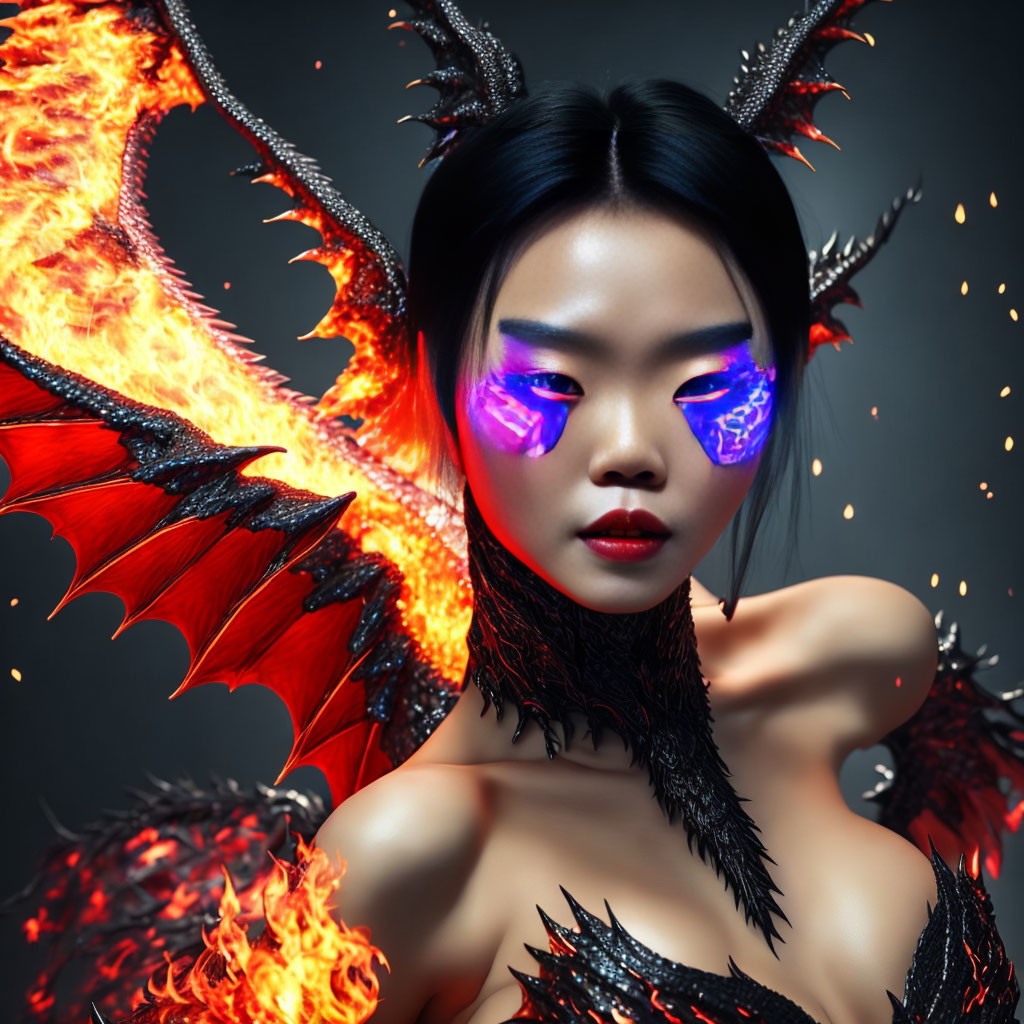 Digital artwork featuring woman with glowing purple eyes and dragon wings