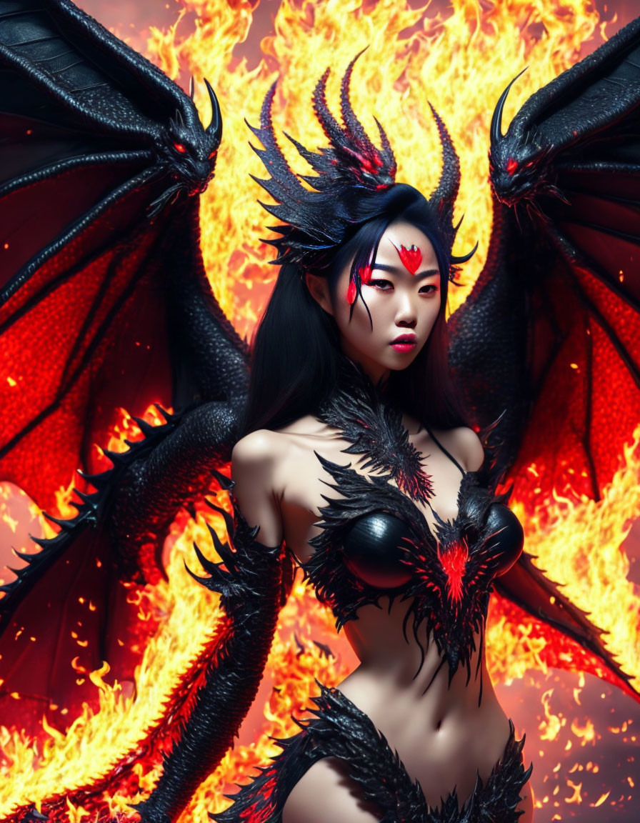 Elaborate dragon-themed costume with fiery wings and red-black color scheme pose against flame backdrop