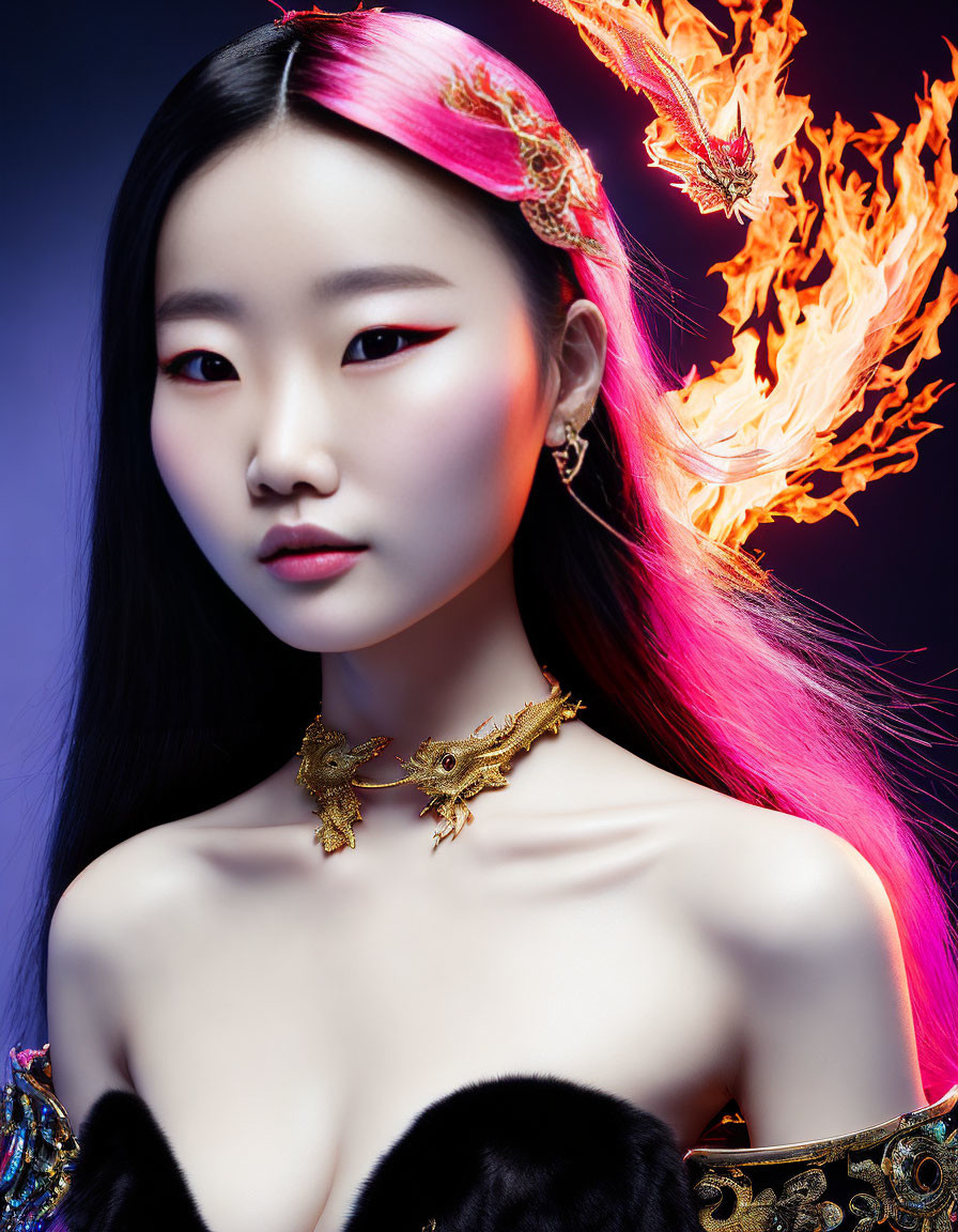 Woman with Ombre Pink-Black Hair and Fire-Like Winged Accessory in Dramatic