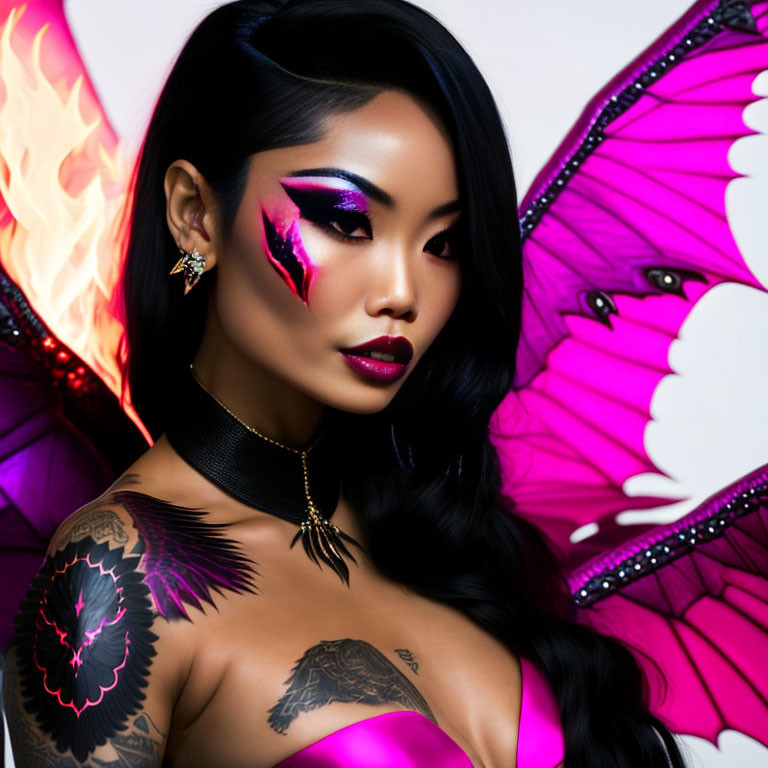 Woman with Pink Eye Makeup and Tattoos in Purple Top with Dragon Wing Background and Flame Graphic