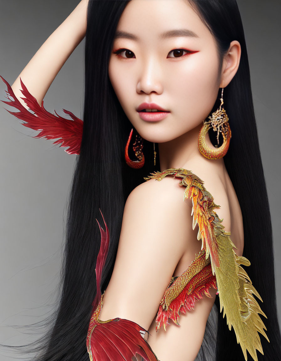 Woman with Black Hair and Red Eyeliner in Golden Earrings and Feathered Garment