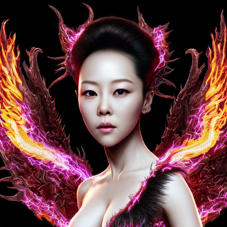 Fiery Phoenix-Like Wings Woman in Glowing Aura