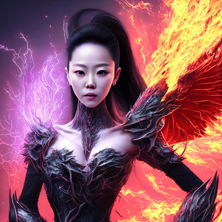 Digital artwork: Woman in high ponytail with dark armor in fiery sci-fi setting