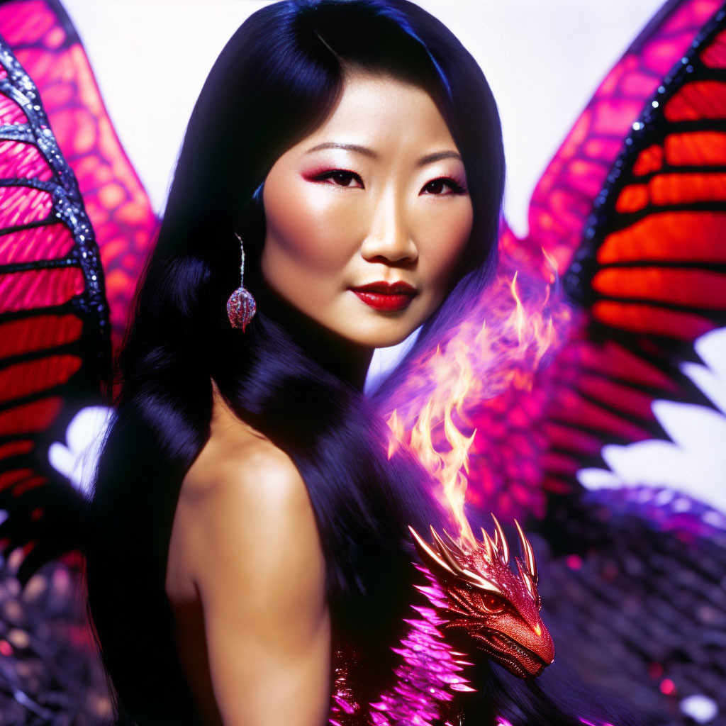 Woman with vibrant butterfly wings and fiery dragon in striking makeup