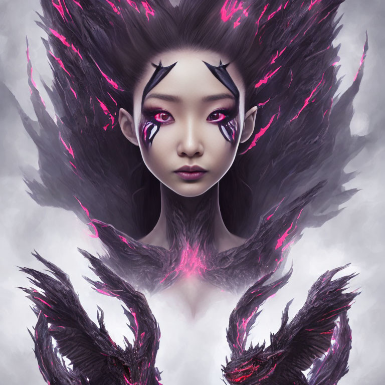 Digital Artwork: Female Figure with Purple Eyes and Dark Feather-Like Elements