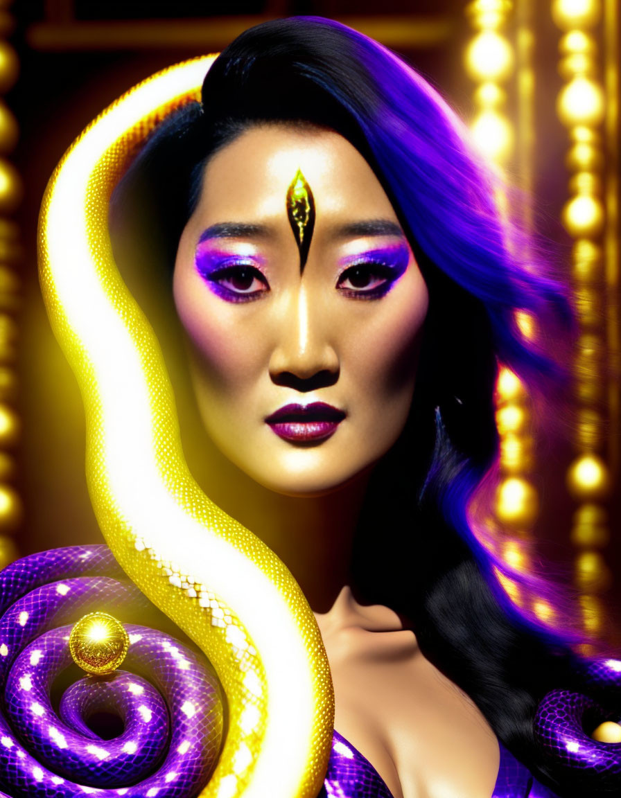 Woman with vibrant makeup and third eye in swirling lights