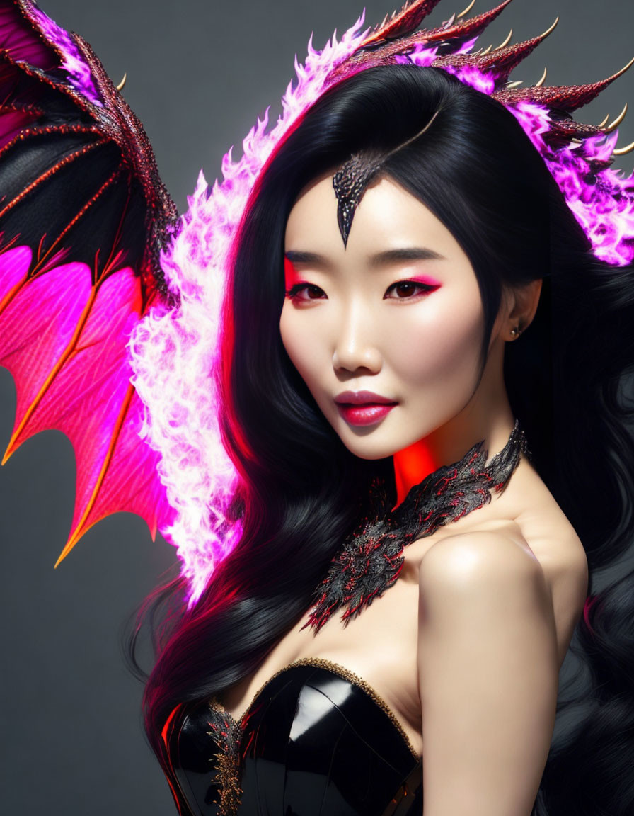 Dark-haired woman with red makeup, feathered wings, purple glow, and dark jewelry