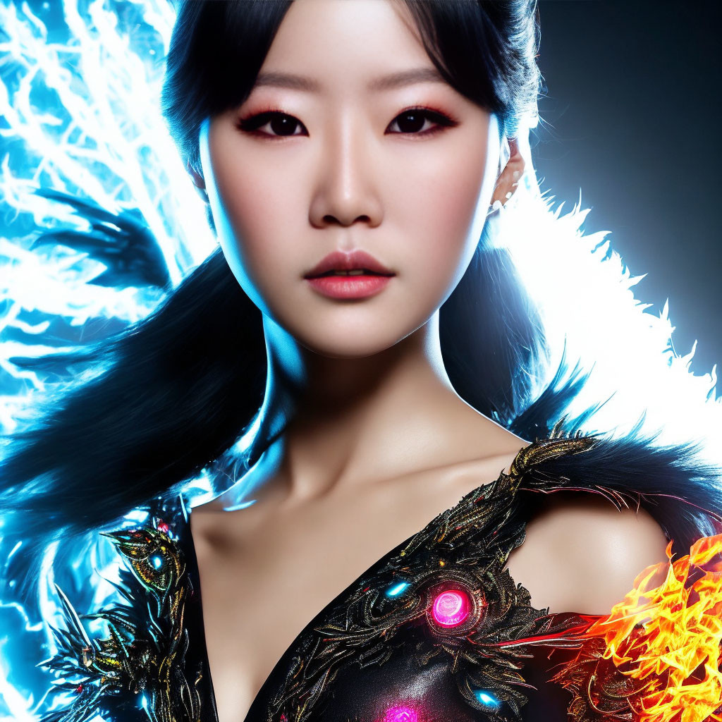 Woman with Blue and Orange Light Effects and Fantasy Shoulder Armor