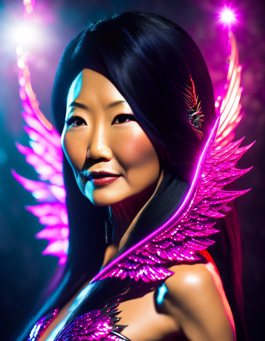 Asian woman with pink angel wings and colorful backlights.